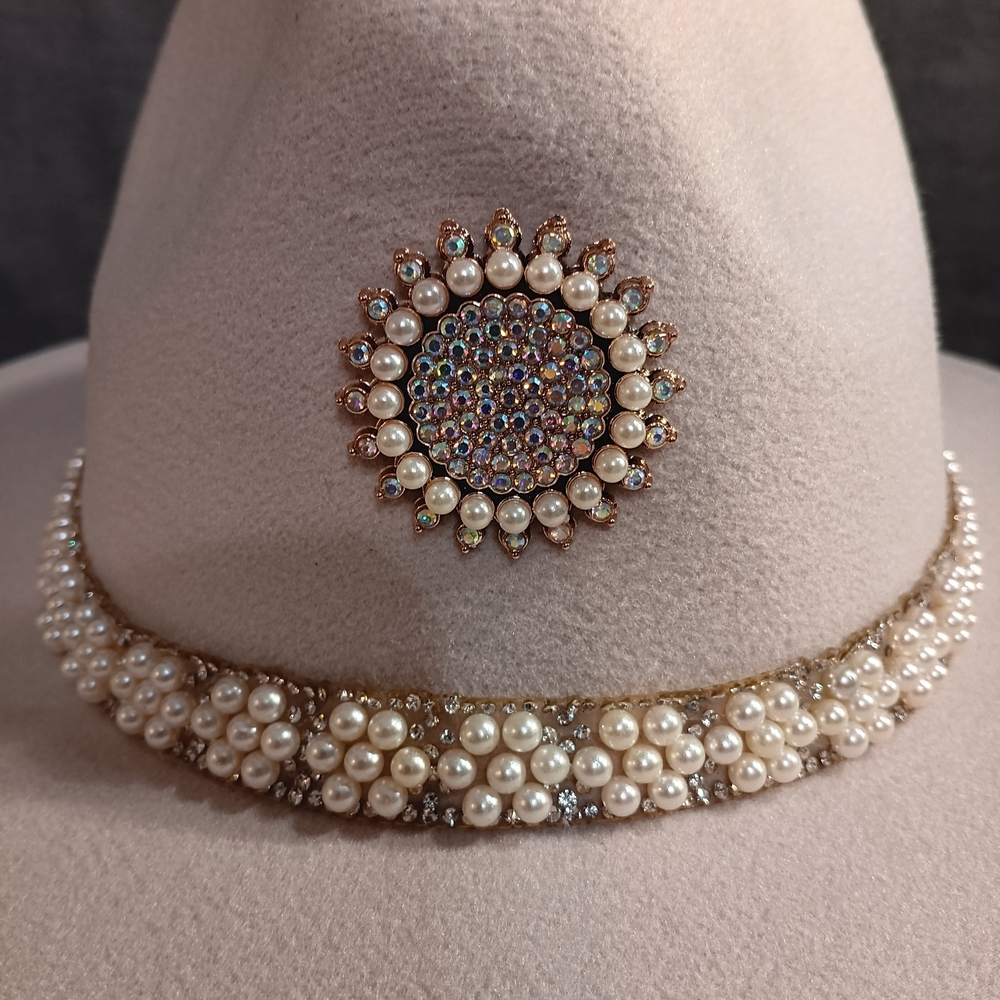 Pearl And Rinestone Fedora Cream  One Of A Kind - Picture 2 of 10